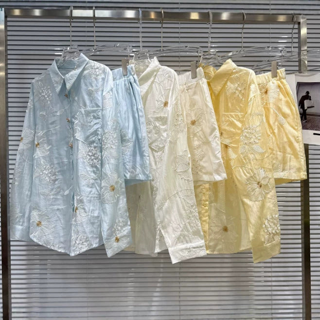 Floral embroidered chiffon shirt and shorts set
