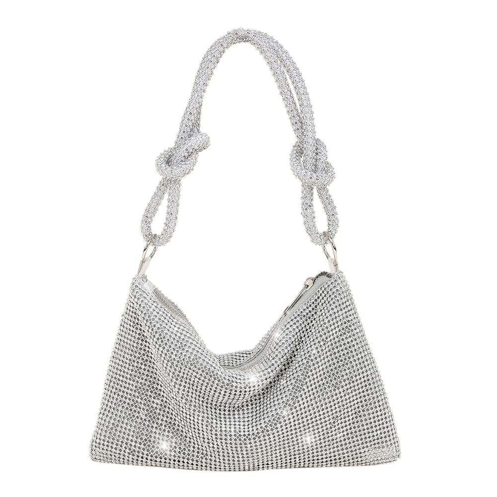 Rhinestone Purses for Women Chic Sparkly Evening Handbag Bling Hobo Bag Shiny Silver Clutch Purse for Party Club Wedding
