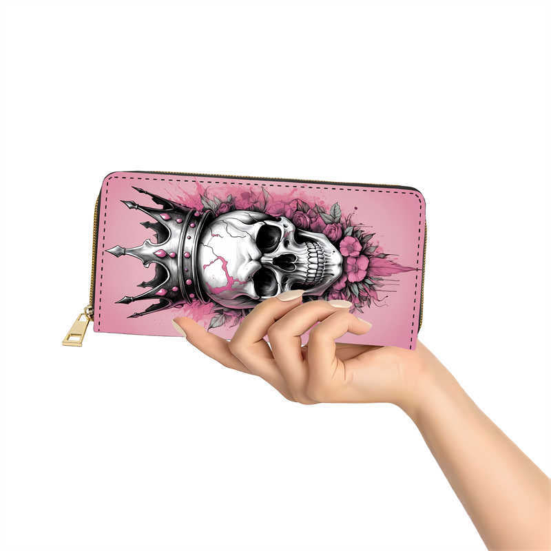 Long Zipper PU Wallet with Flower Skull Butterfly Pattern