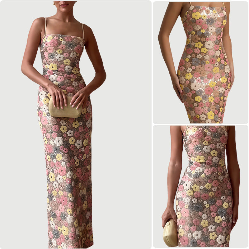 Petal Print Sequin Slim Dress