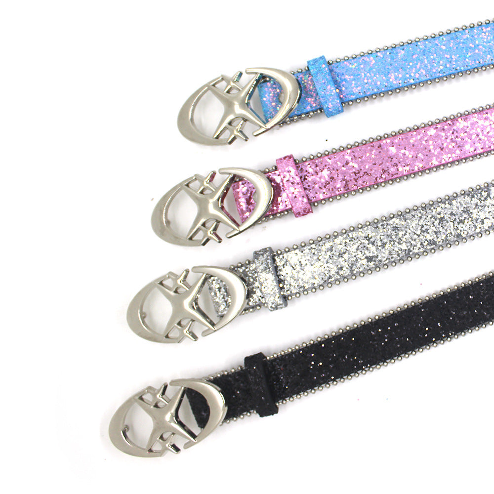 Double Crescent Moon Cross-stripe Sequin Belt