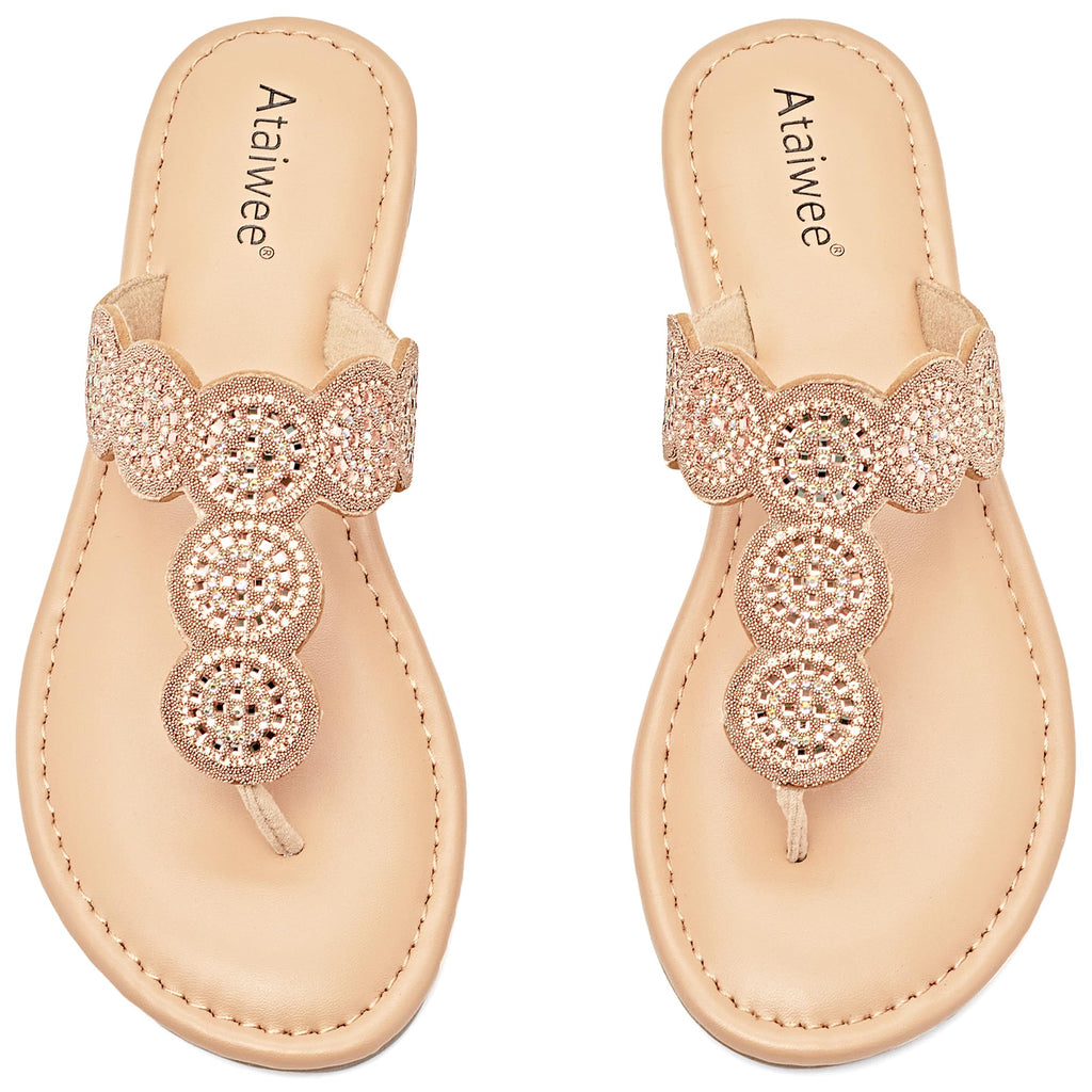Ataiwee Womens Flat Slide Sandals - Casual Bling Bohemian Thong Slip on Summer Flat Sandals.(2207007-2GD/MF9.5)