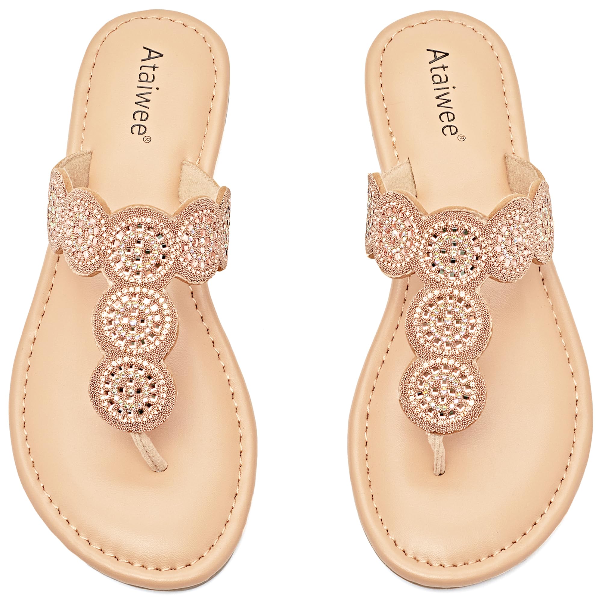Ataiwee Womens Flat Slide Sandals - Casual Bling Bohemian Thong Slip on Summer Flat Sandals.(2207007-2GD/MF9.5)