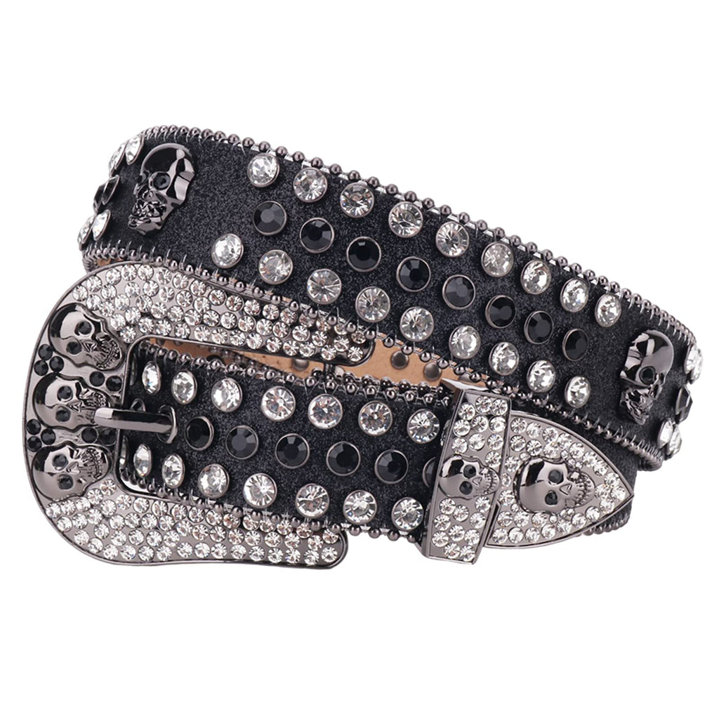 TINIDI Western Men Women Rhinestone Belts Bling Crystal Skulls Studded Diamond Leather Belt (44: fits waist from 32"-34" Black-White)