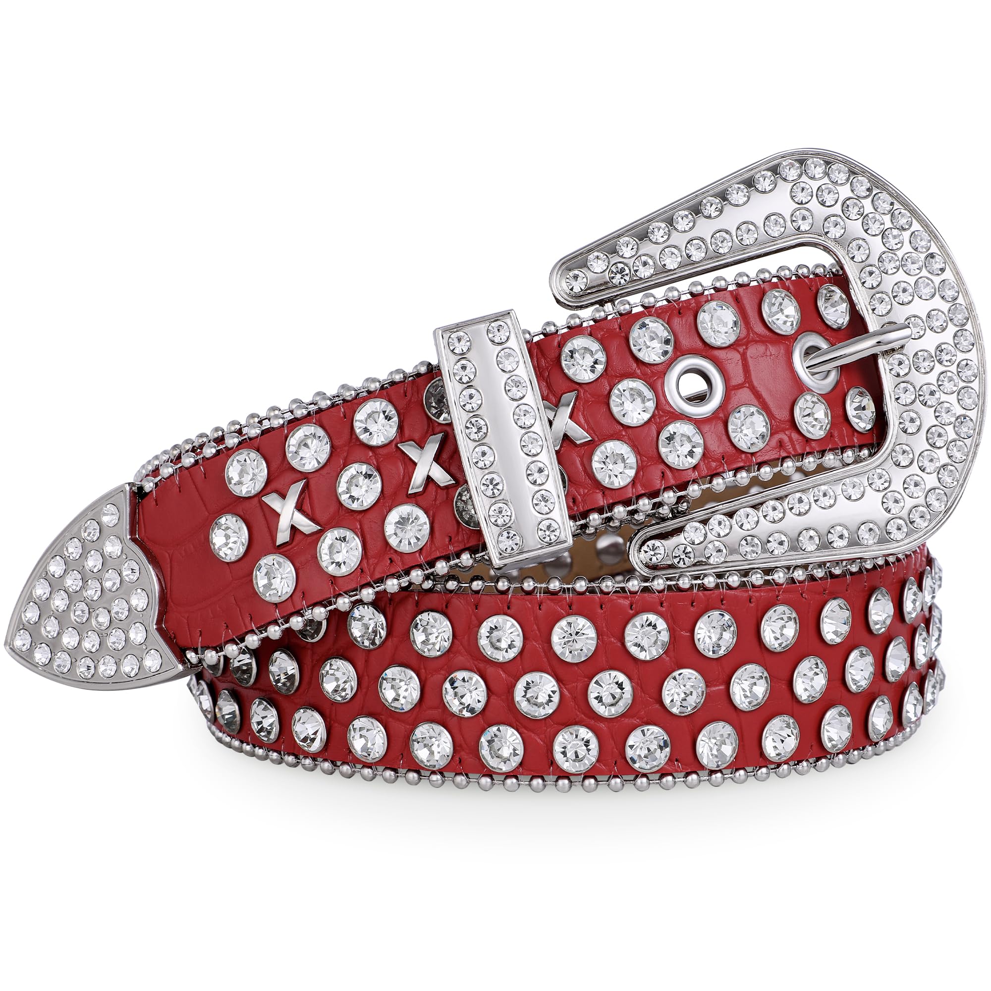 FIORETTO Men Women Rhinestone Belt Western Studded Leather Belt Bling Shining Diamond Cowgirl Cowboy Waist Belt for Jeans Pants Red