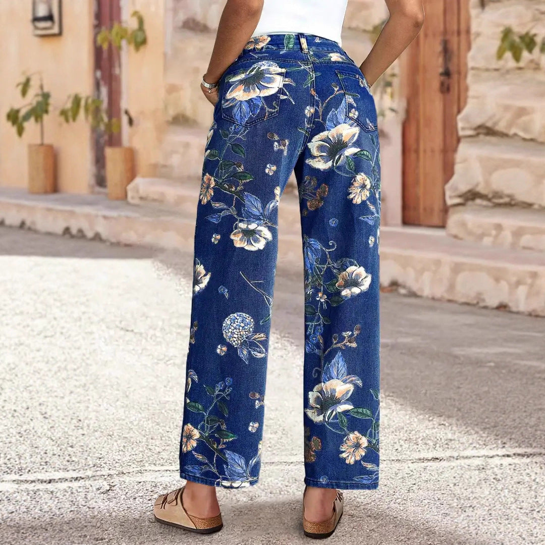 Floral Print High Waist Wide Leg Jeans