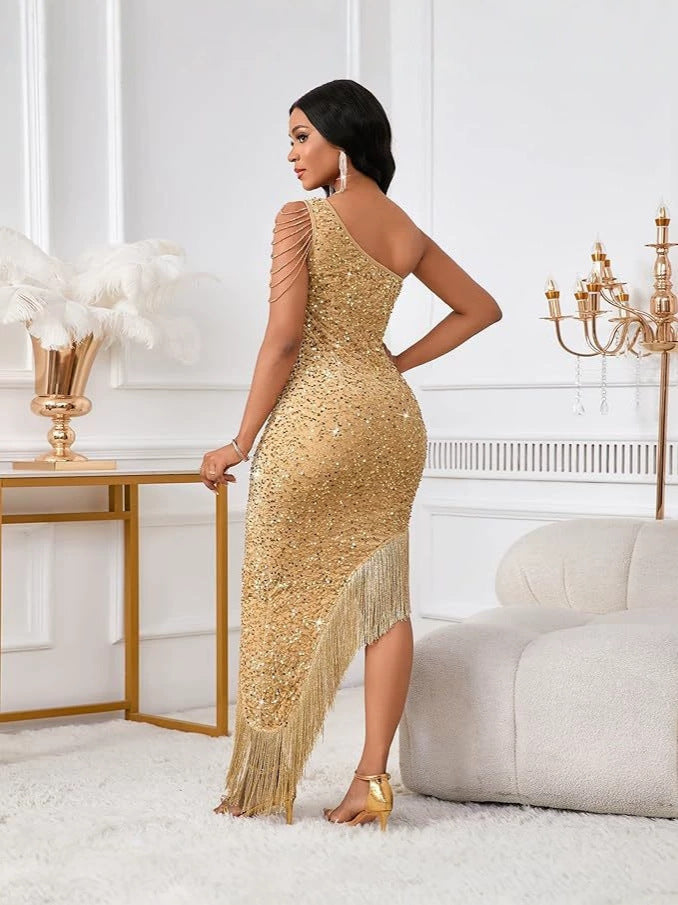 One-Shoulder Crystal Tassel Sequin Evening Gown