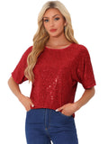 Allegra K Sequin Shirt for Womens Christmas Sparkly Dolman Sleeve Party Oversize Bling Glitter Blouse X-Large Red