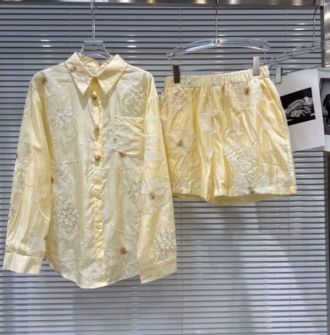 Floral Embroidered Chiffon Shirt and Shorts Set