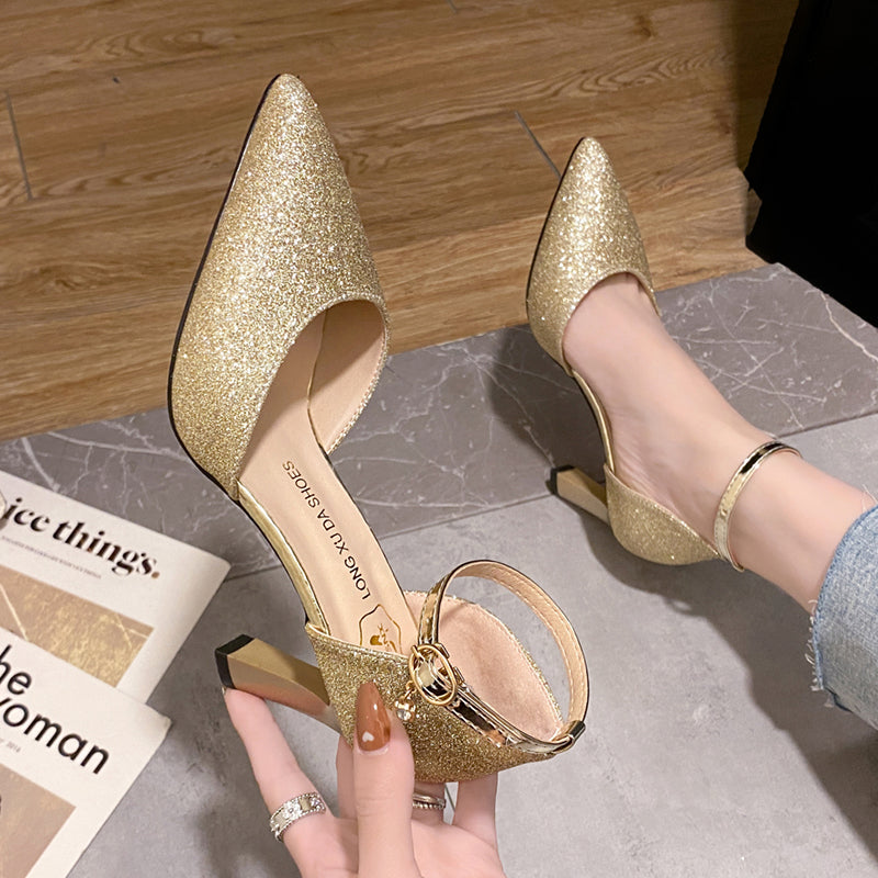 Bling Gold Silver Ankle Strap High Heel Pumps for Women