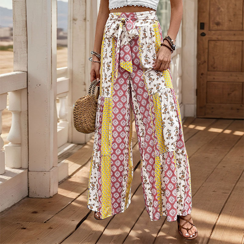 Retro Floral Print Wide Leg Pants with Tie Waist
