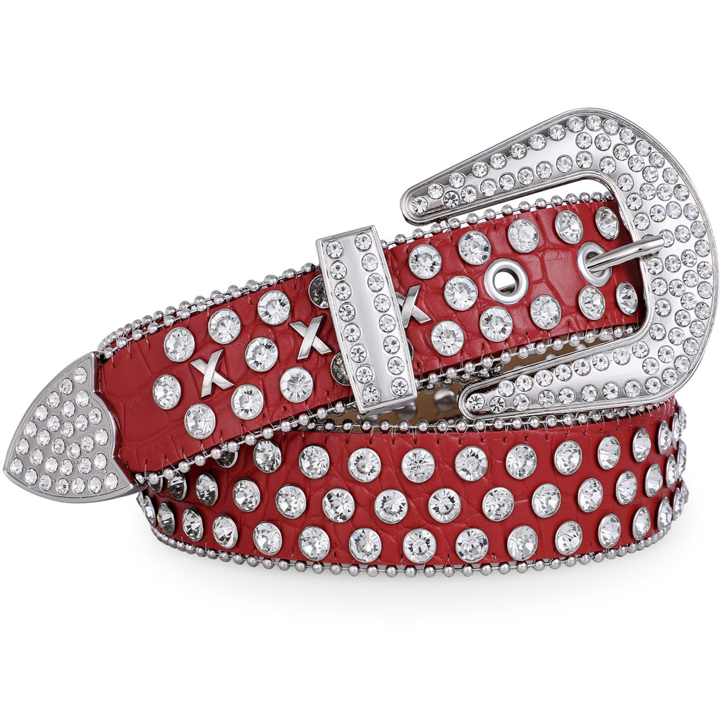 FIORETTO Men Women Rhinestone Belt Western Studded Leather Belt Bling Shining Diamond Cowgirl Cowboy Waist Belt for Jeans Pants Red