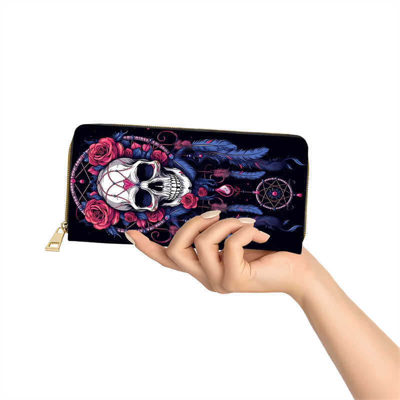 Long Zipper PU Wallet with Flower Skull Butterfly Pattern