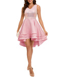 Meetjen Homecoming Dress for Girls Short Formal Cocktail Dress 2024 High Low Bling Sequin Glitter V Neck Dress Pink 2XL