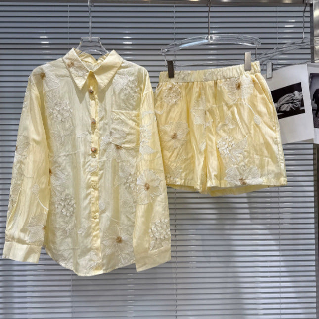 Floral embroidered chiffon shirt and shorts set