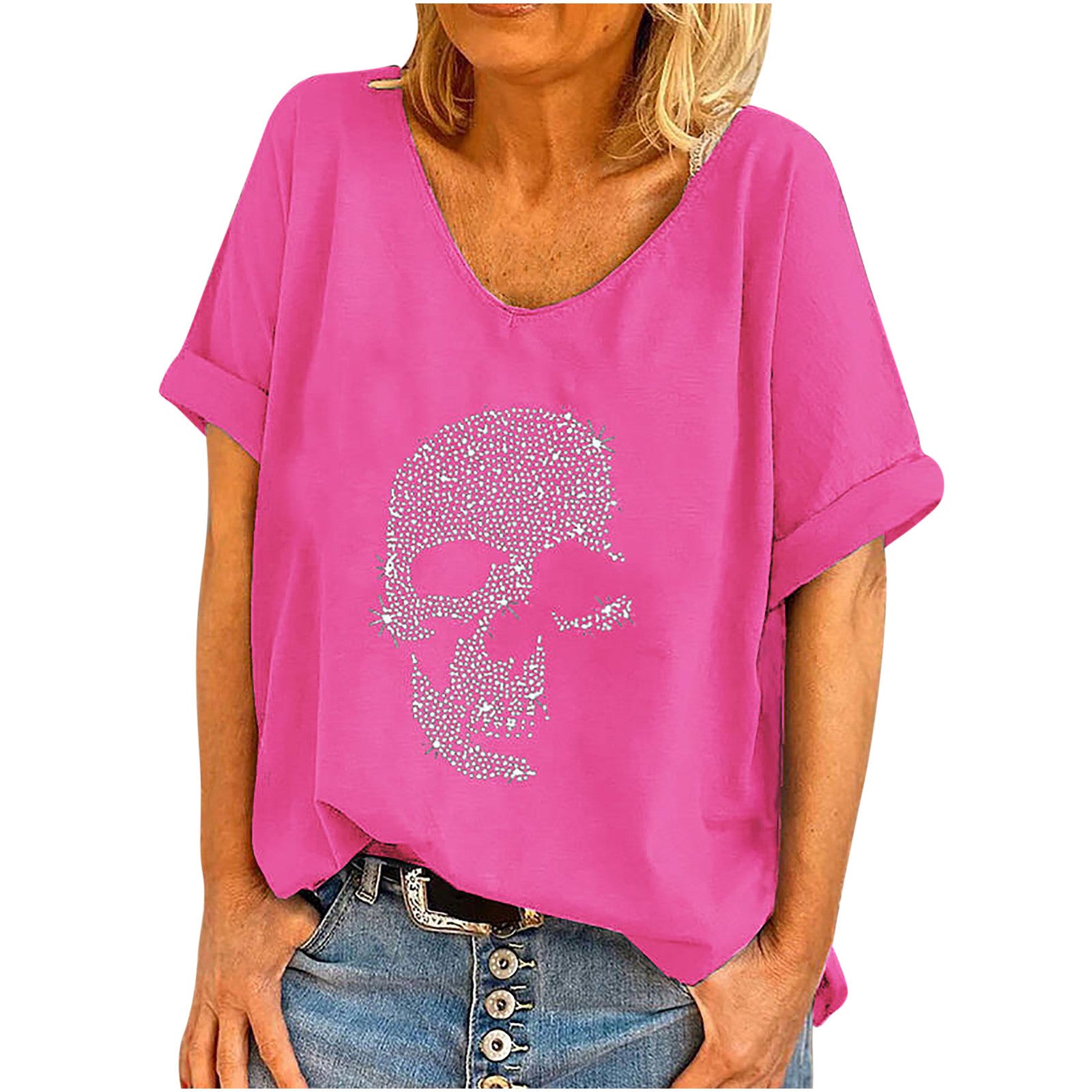 Loose Fit Beaded Skull Print Womens T-Shirt