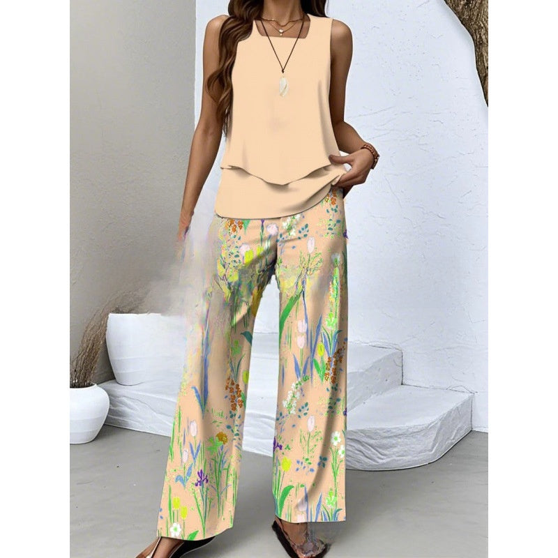 Sleeveless Floral Print Vest and Pants Set