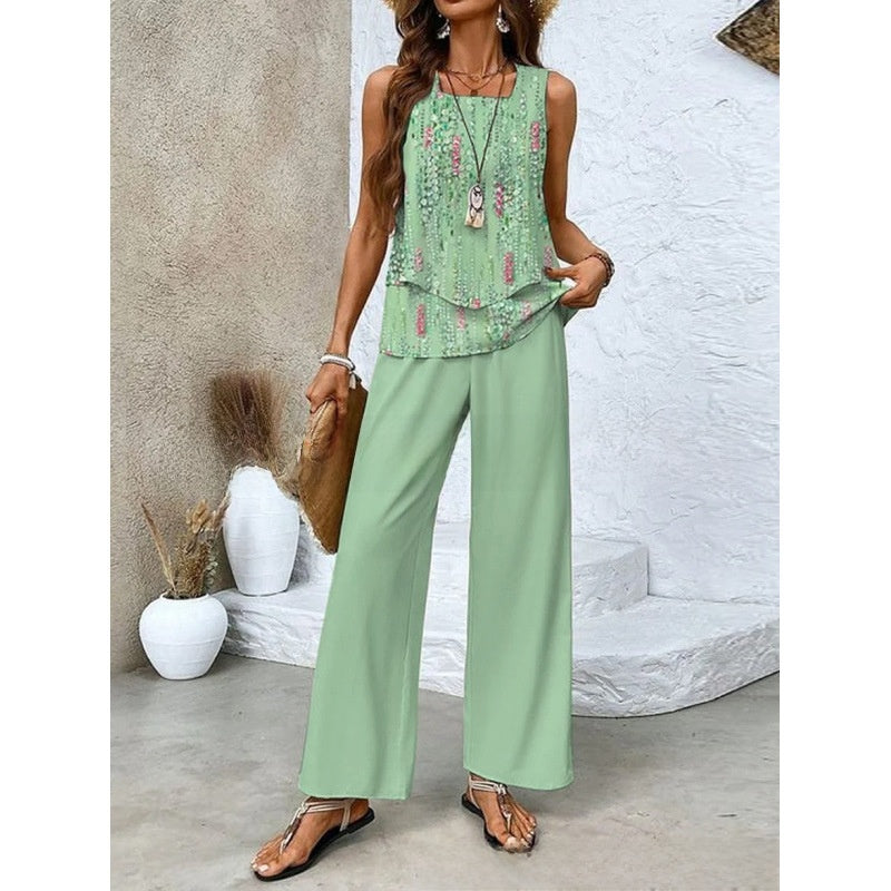 Sleeveless Floral Print Vest and Pants Set
