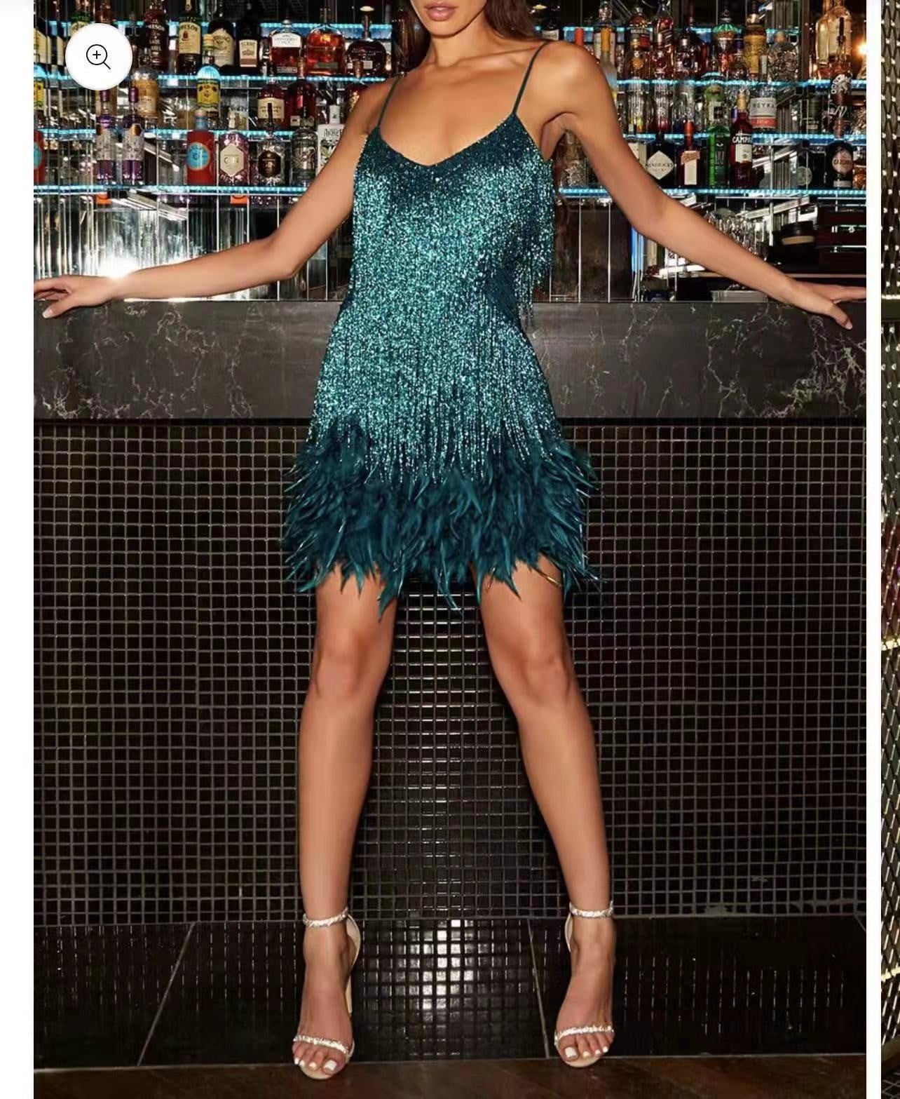Feather Sequin Patchwork Dress with Fringe