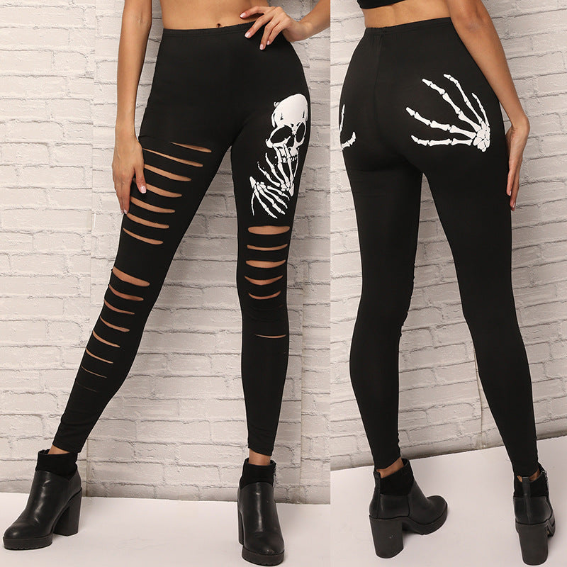 Skull Pattern Ripped Leggings