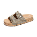 Cape Robbin Becky Double Buckle Rhinestone Slides Sandals for Women Round Toe Sparkly SandalsGlitter Bling Sandals for Women - Beige Size 10
