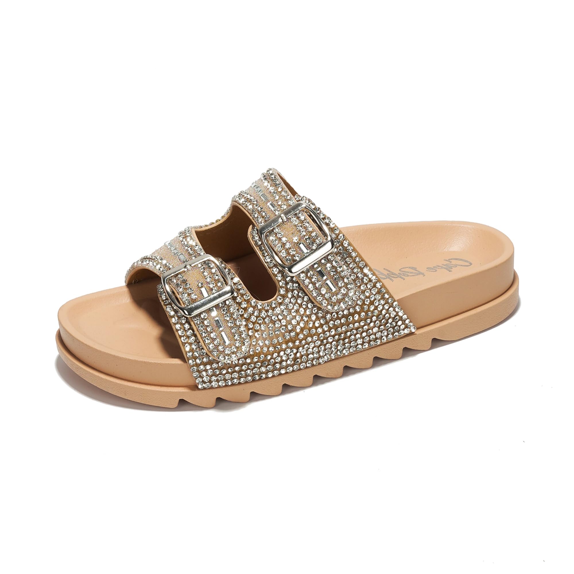 Cape Robbin Becky Double Buckle Rhinestone Slides Sandals for Women Round Toe Sparkly SandalsGlitter Bling Sandals for Women - Beige Size 10