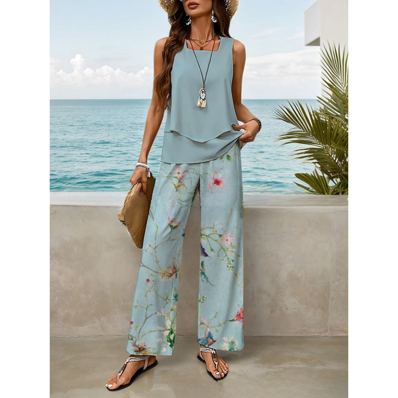 Sleeveless Floral Print Vest and Pants Set