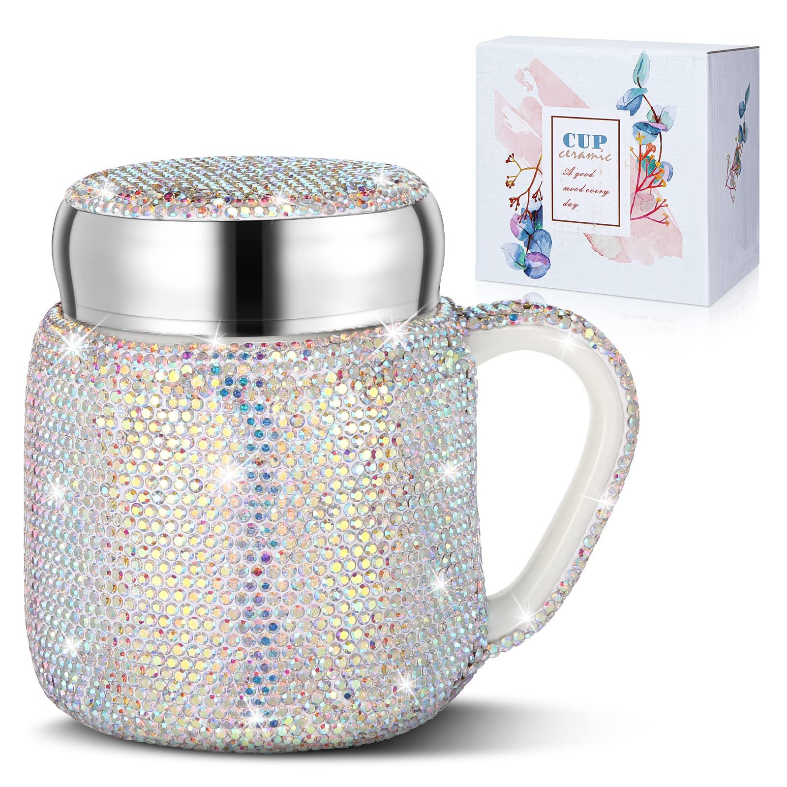Meanplan Bling Rhinestone Coffee Mug for Christmas Gift Bling Water Bottle Rhinestone Ceramic Portable Travel Cup Crystal Coffee Cup with Lid and Handle for Women Office Home 13.5 oz (AB Color)