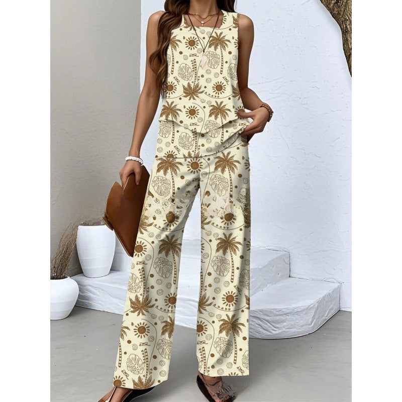 Sleeveless Floral Print Vest and Pants Set