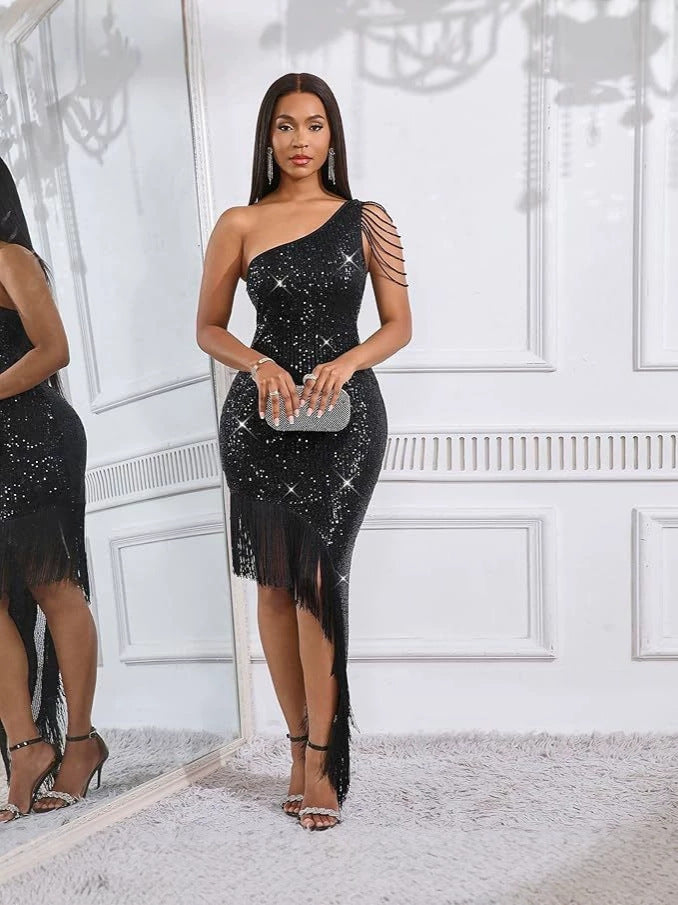 One-Shoulder Crystal Tassel Sequin Evening Gown
