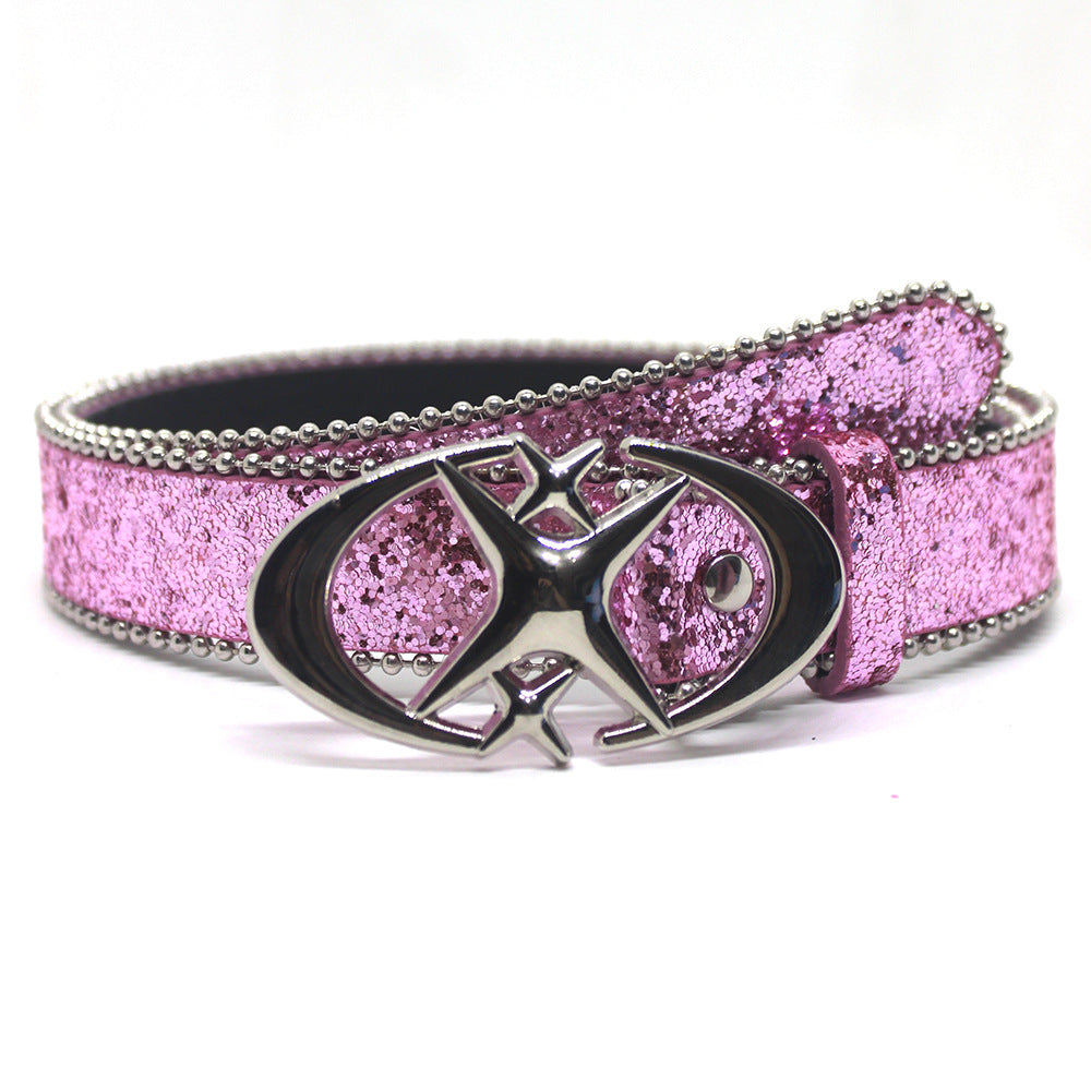 Double Crescent Moon Cross-stripe Sequin Belt