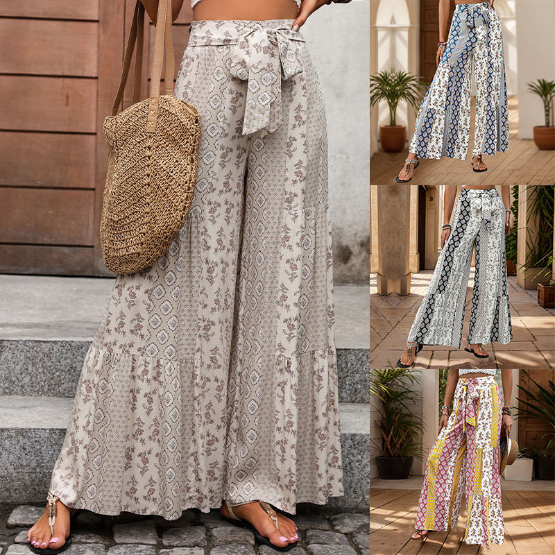 Retro Floral Print Wide Leg Pants with Tie Waist