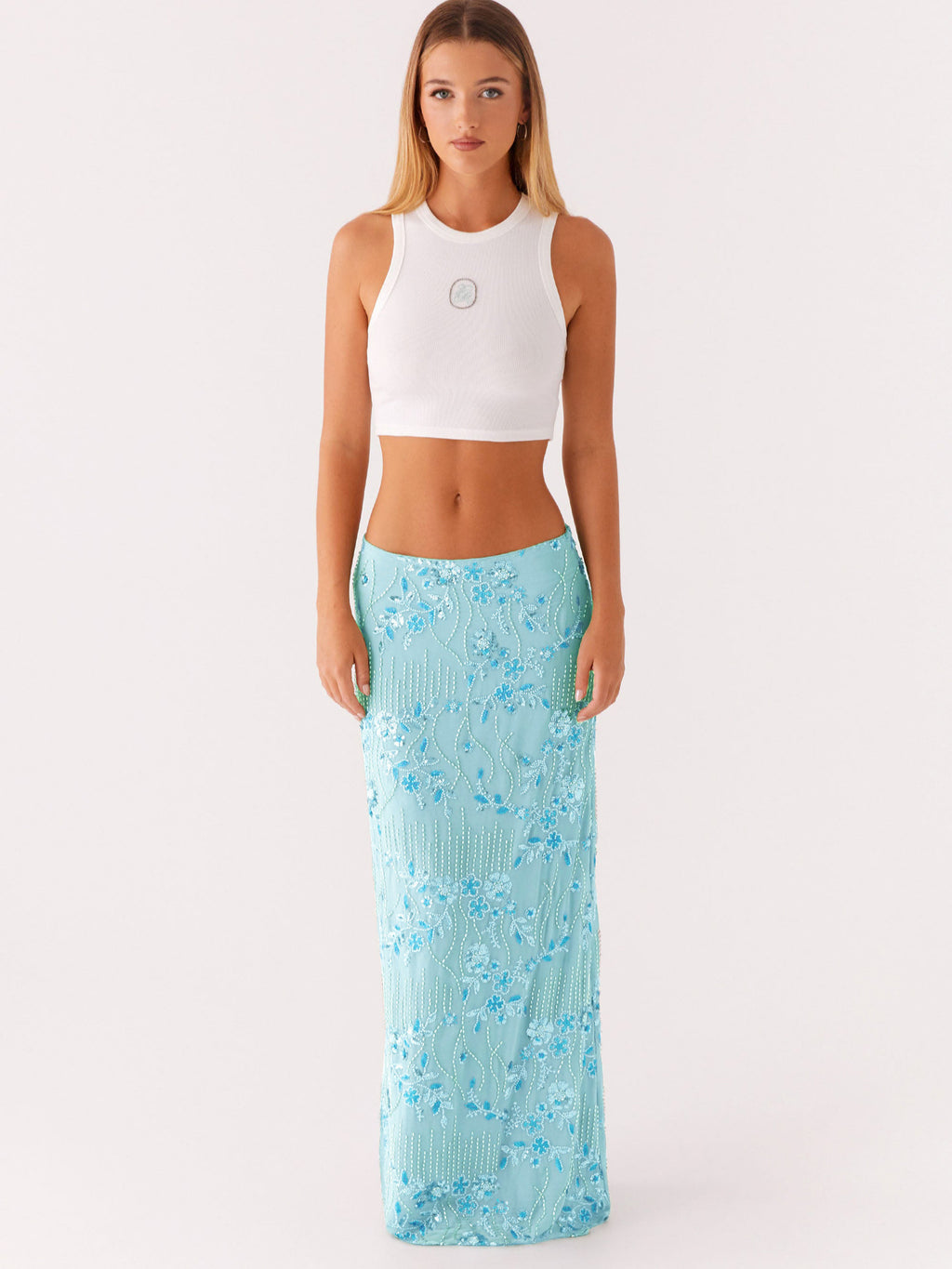 Embroidered Sequin Long Skirt