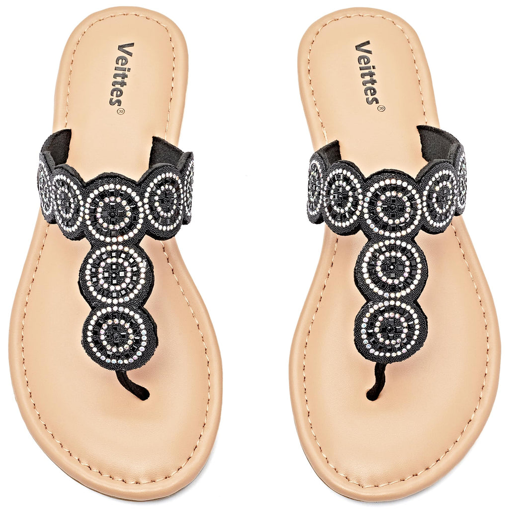 Veittes Womens Flat Slide Sandals - Comfortable Fashion Bling Bohemian T-Strap Slip on Summer Shoes.(2307006BK/MF8.5)