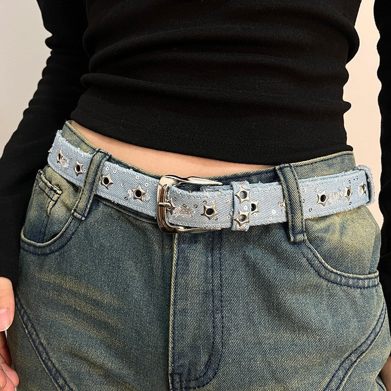 Vintage Star Studded Denim Leather Belt