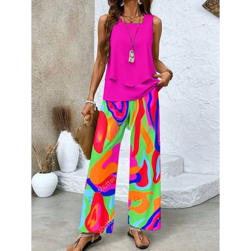Sleeveless Floral Print Vest and Pants Set