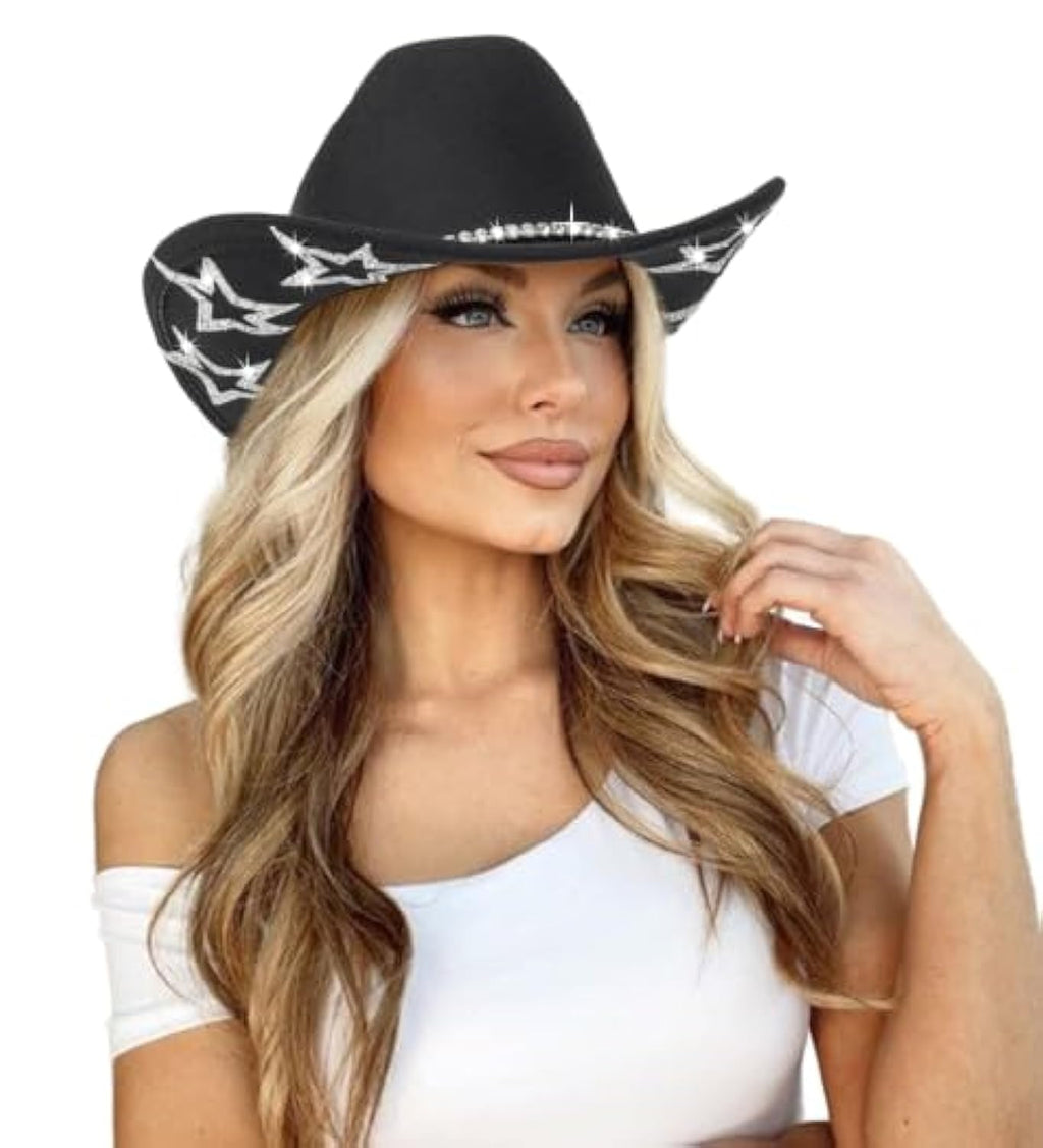 Bling Rhinestone Western Cowgirl Hat for Women Men Rolled Up Sparkly Star Felt Fedora Retro Rodeo Panama Black Cowboy Hat