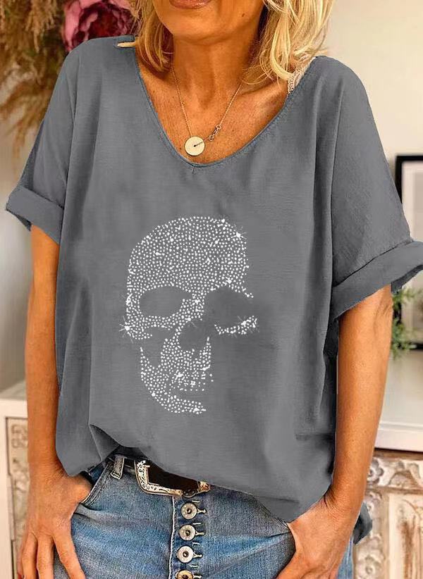 Loose Fit Beaded Skull Print Womens T-Shirt