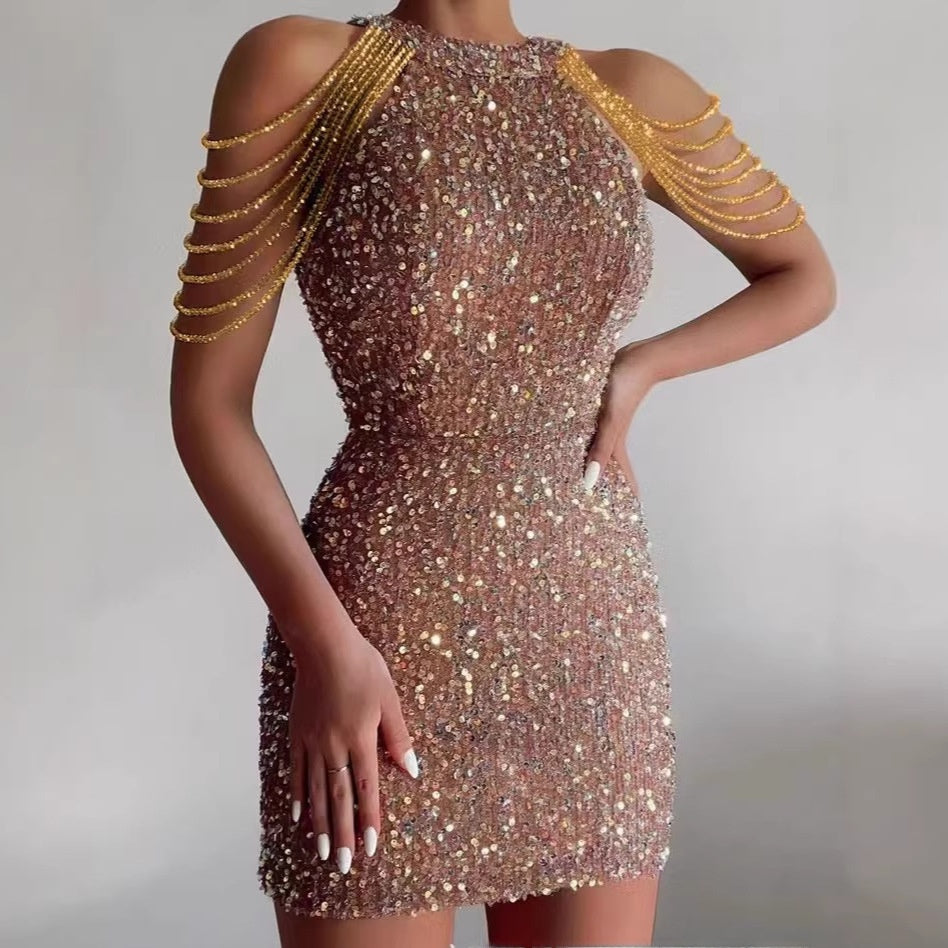 Halter Neck Crystal Chain Mid-Waist Evening Dress