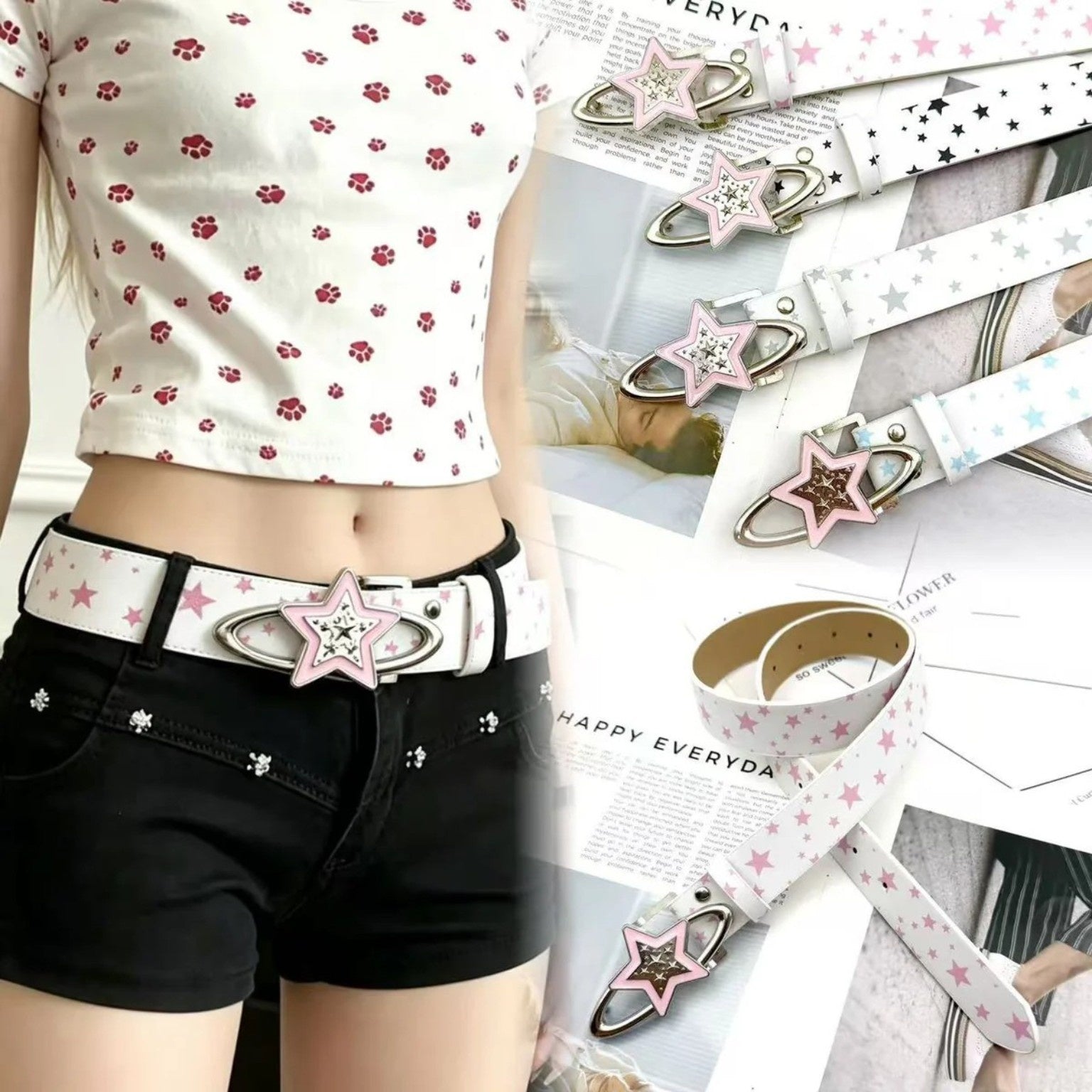 New Y2K Sweet Girl Star Buckle Belt - white with pink star planet buckle